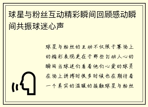 球星与粉丝互动精彩瞬间回顾感动瞬间共振球迷心声