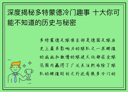 深度揭秘多特蒙德冷门趣事 十大你可能不知道的历史与秘密