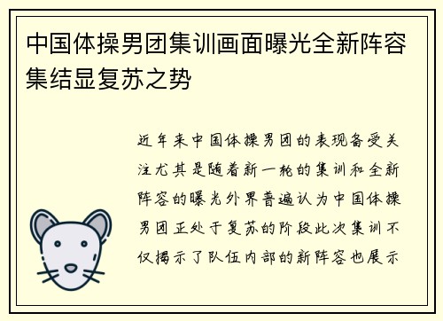 中国体操男团集训画面曝光全新阵容集结显复苏之势
