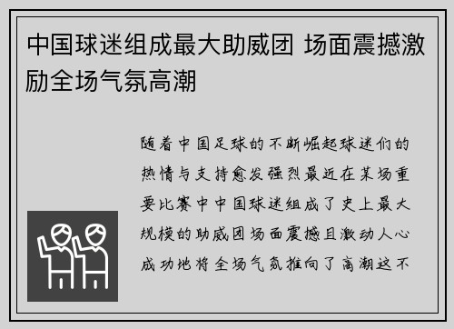 中国球迷组成最大助威团 场面震撼激励全场气氛高潮
