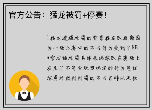 官方公告：猛龙被罚+停赛！