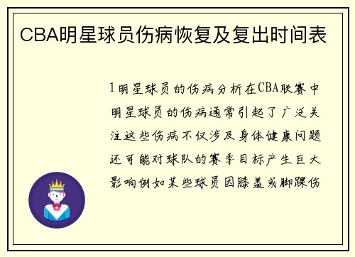 CBA明星球员伤病恢复及复出时间表